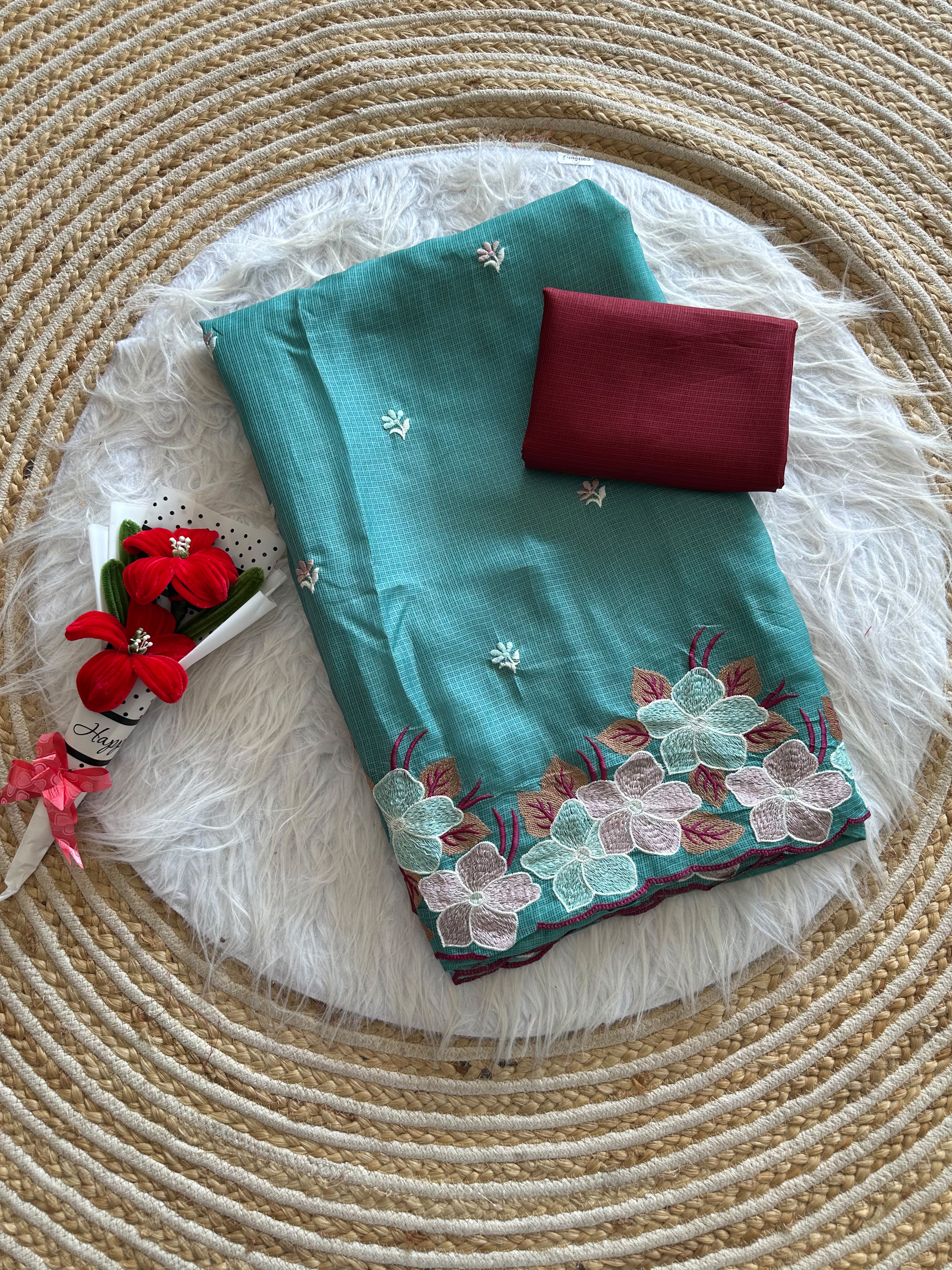 Mint Green Soft Kota doriya fabric Tissue Organza Designer Embroidery Saree.